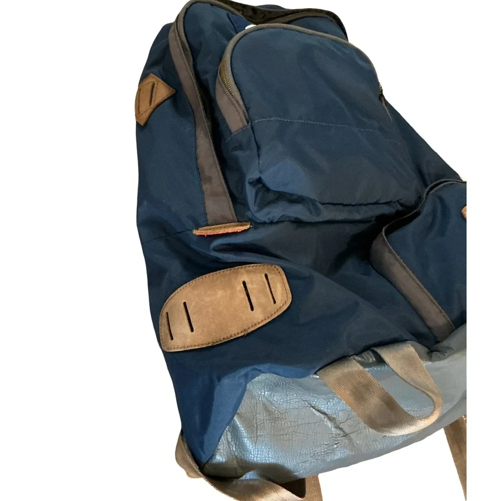 JanSport Skip Yowell Vintage Backpack Navy Blue Leather Lash Tabs Retro Bag
